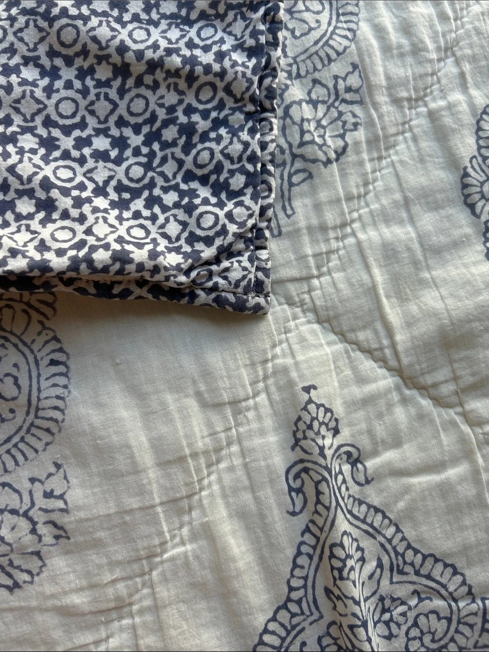 West Elm Quilted Euro Sham Pillow Cover Medallion Block Print Blue & White